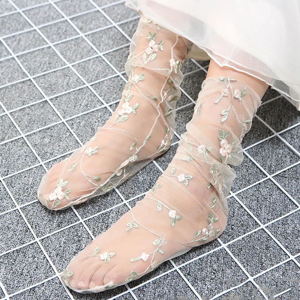 Summer Embroidery Flowers Socks Tulle Women Transparent Long Socks Femme Mesh Thin Socks Dress Streetwear Calcetines Mujer