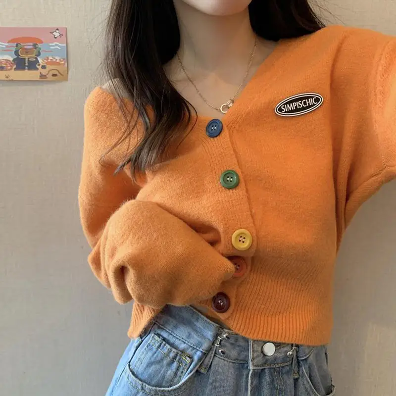 

Knit Korean Crop Sweaters Cardigan For Women Oversize Long Sleeve Top Knitwear Autumn Short Outerwear Ladies Clothes V Neck