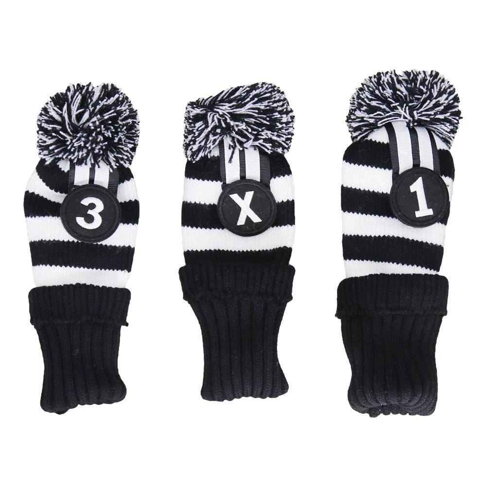 3 Pcs black white Golf Club Headcover for #1 Driver #3 #5 Fairway Golf Wood Covers Knitted Pom Pom Sock Covers