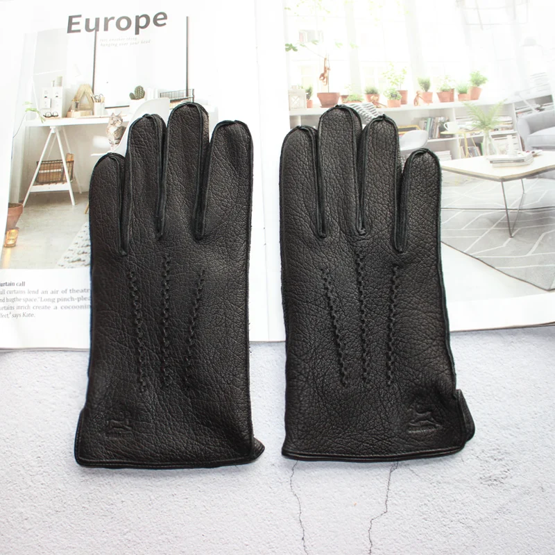 New Deerskin Gloves Men's Leather Outer Stitched Striped Retro Motorcycle Riding Driving Autumn and Winter Wool Knitted Lining