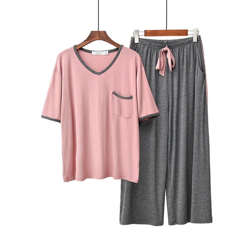 2020 new pajamas modal nightgown suit female short-sleeved trousers Korean version of loose half-skin-friendly home service