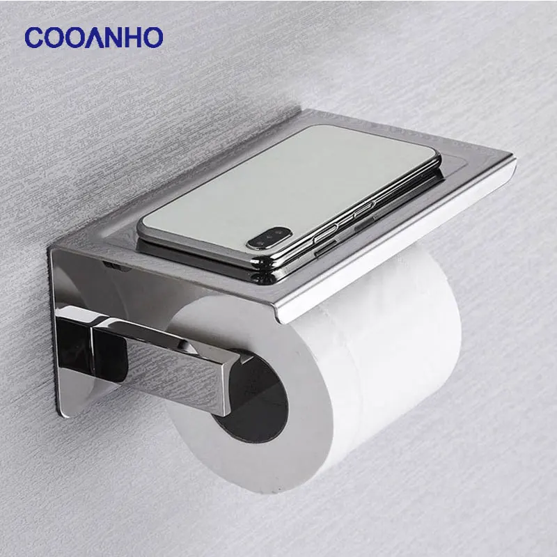 COOANHO 304 Stainless Steel Wall-Mounted Bathroom Tissue Holder With Cell Phone Storage Rack, Matte Black