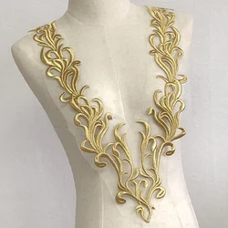 Gold Neckline collar Lace Fabric  Trims Sew On Patches Embroidery For Wedding Appliques Decoration DIY