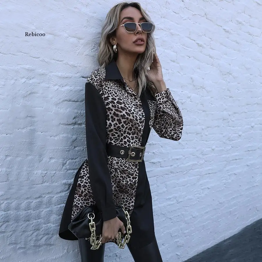 Turndown Collar Leopard Color Block Long Shirt Women Spring Long Sleeve Button Up Casual Blouse Without Belt