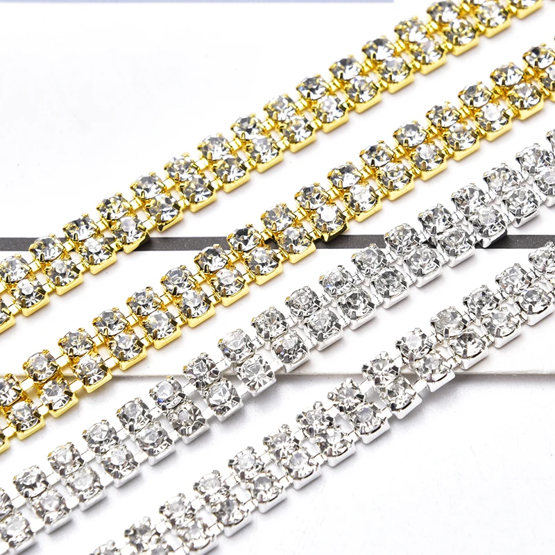 5 Yard 2 Rij Dichte Rhinestone Chain Shiny Glas Klauw Diamond Trim Strass Stenen Voor Ambachtelijke Trouwjurk Sieraden Schoenen decoratie