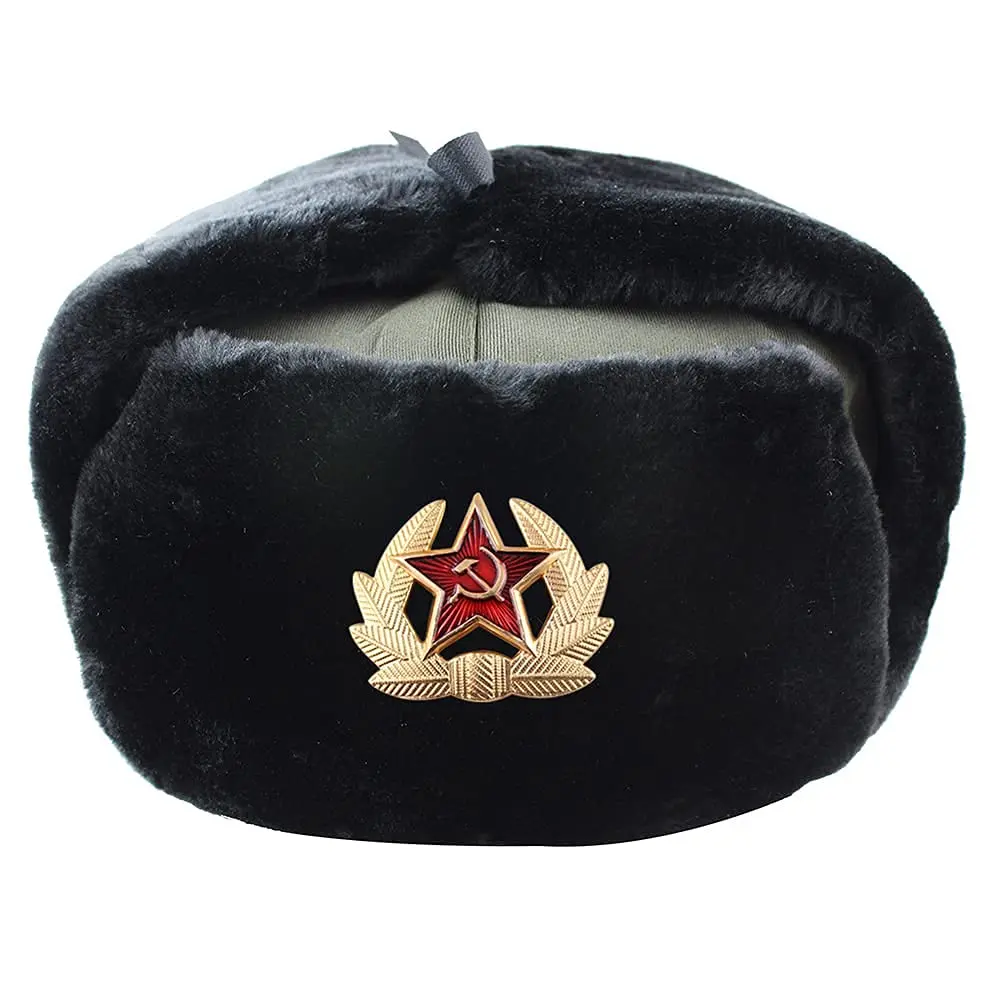 Winter Faux Rabbit Fur Earflap Men Snow Hat Soviet Army Military Badge Ushanka Bomber Hats