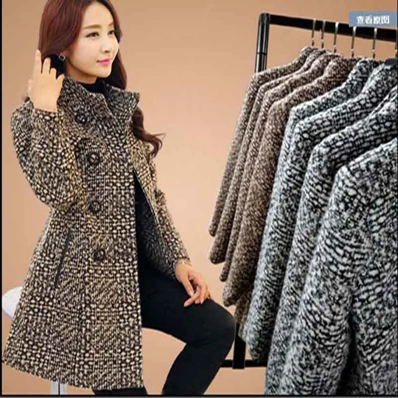 Autumn New Women Wool Blends Coat Winter Tweed Woolen cloth Coat Turtleneck Plaid Slim Long Thick winter Woolen Outerwear Female