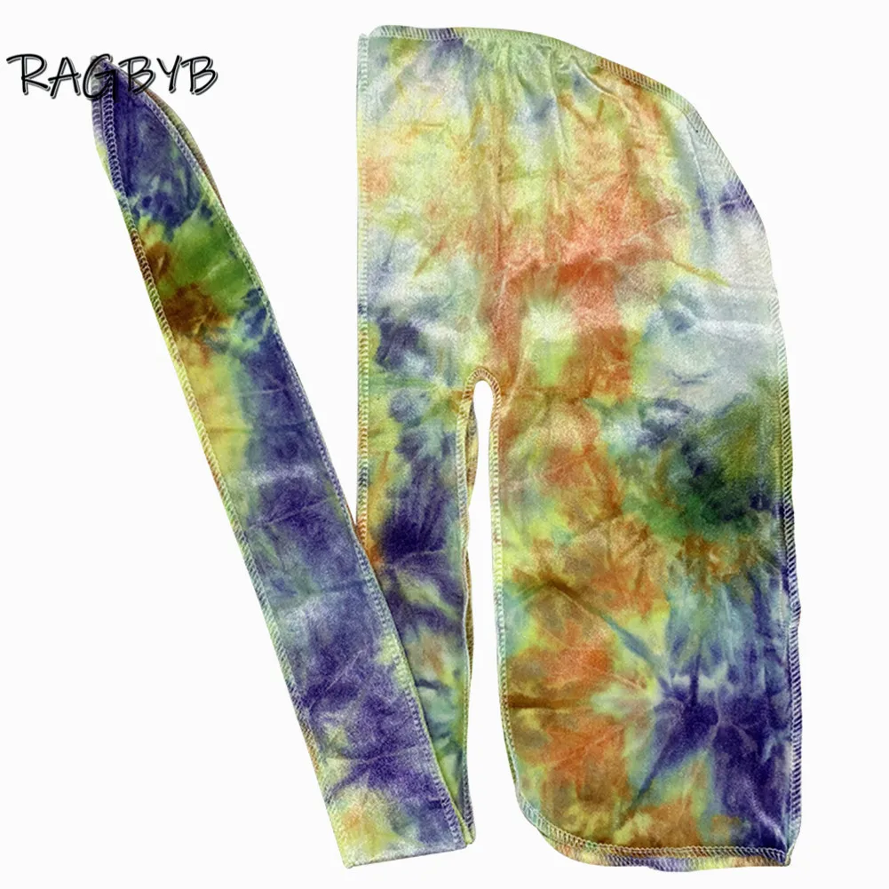 Unisex Men Velvet Durag Bandanas For Men Tie Dyed Print Velvet Durags Long Tail Headband Hair Wave Cap Head Scarf Durag