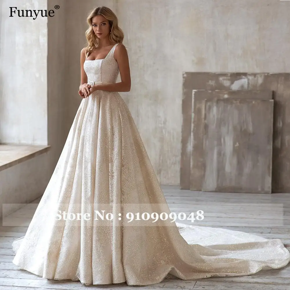 Sparkle Wedding Dress 2022 New Arrival Sexy Square Collar Off the Shoulder Satin A-Line Bridal Gown Bohemian Vestidos De Novia