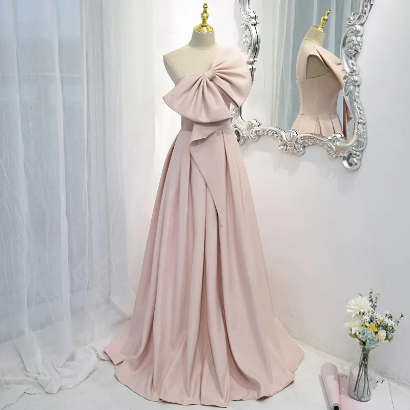 

New Pink Evening Dress Bow Appliques Fashion Floor-Length One-Shoulder Sleeveless A-Line Simple Party Formal Dresses Woman B1325