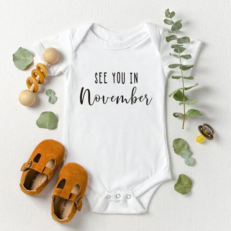 Baby Announcement See You In October Baby body Pregnancy Reveal Custom Romper Baby Shower Gift 100% Cotton