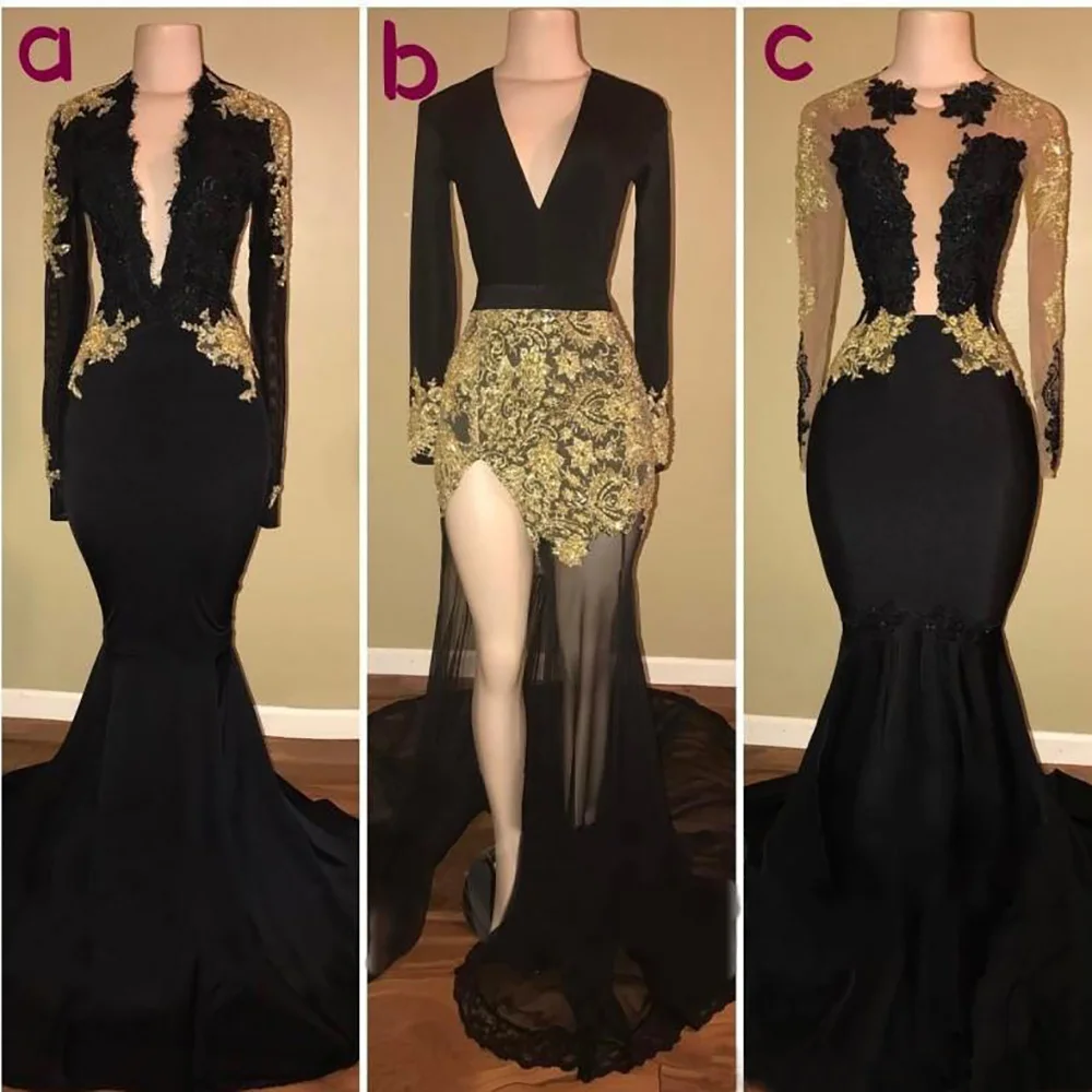 

Mermaid Trumpet Evening Dresses Floor-Length Sweep Train Prom Party Gown V-Neck Long Sleeve Gown Satin Applique Dress