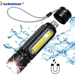 Bright Mini LED Flashlight USB Rechargeable Pocket Torch Battery Powerful T-6 COB Side Light linterna Tail Magnet Work FishLight