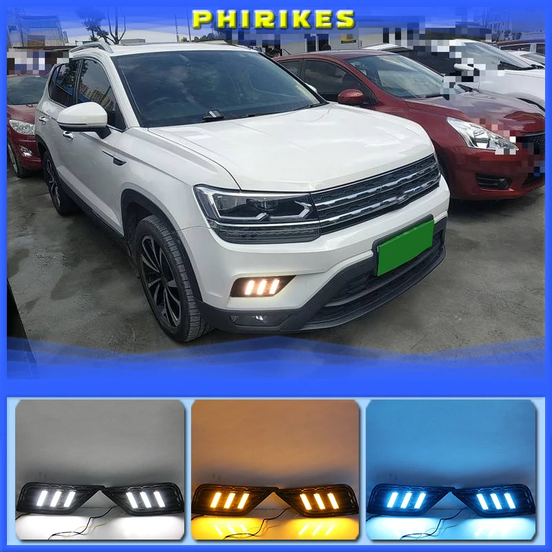 

1Pair For Volkswagen VW Tharu 2019 With Yellow Turn Signal Fog Lamp Cover night blue LED DRL Daytime Running Light Daylights