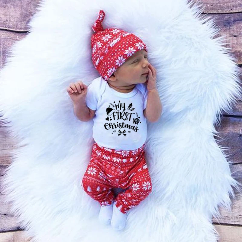 My First Christmas Newborn Baby Boy GirlRompers Outfits Infant Short Sleeve Funny Party Dress Toddler Fashion Jumpsuit