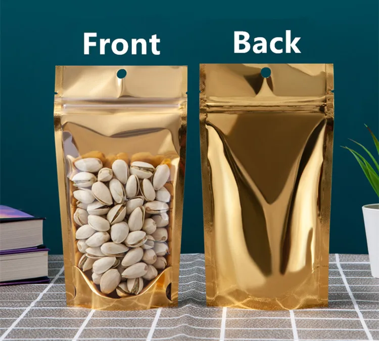 100pcs Stand up Clear Front Glossy Gold Zipper Packaging Bag Resealable Snack Corn Coffee Chocolate Dried Fruit Storage Pouches