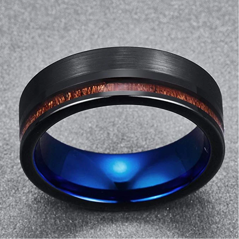 8mm Black Brushed Tungsten Carbide Wedding Band Ring With Koa Wood Inlay Blue Plated Inner Engagement Promise Ring for Men Women