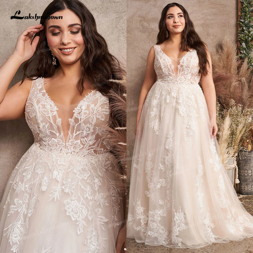 Diepe V-hals Plus Size A-lijn Trouwjurk Kant Applicaties Boho Aangepaste Bruidsjurk Romantische Plus Vrouwen Gewaad Huwelijk Femme