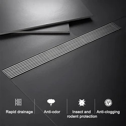 20-100cm Rectangle Linear Floor Drain Stainless Steel Bathroom Shower Anti-Odor Floor Drain Large Displacement Waste Drain