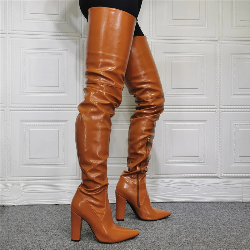 Custom Big Size 47 Brown Long Thigh High Boots Women Shoes Winter Pointy Toe Chunky High Heel Fashion Shoes Boots