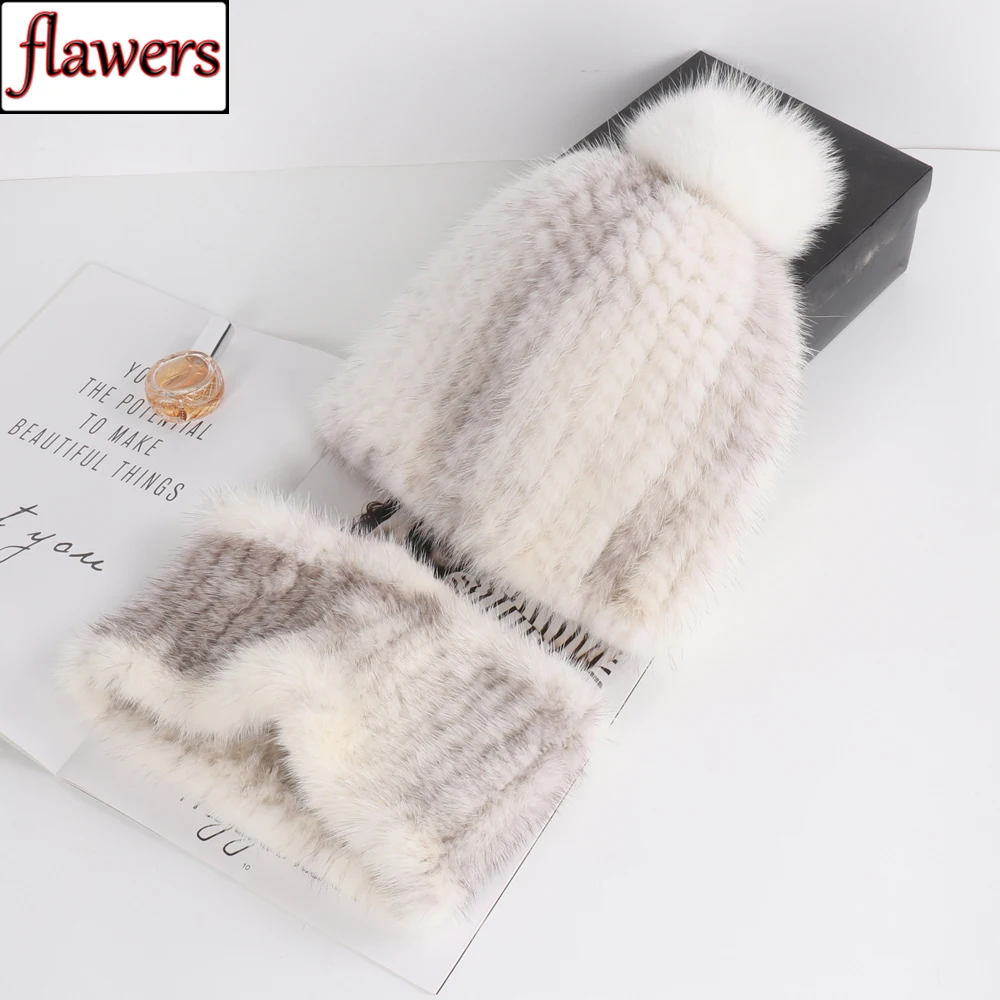 

Lady Winter Warm Real Mink Fur Hat Scarf Sets Women Natural Mink Fur Hats Scarves 2 Pieces Quality 100% Genuine Fur Cap Muffler