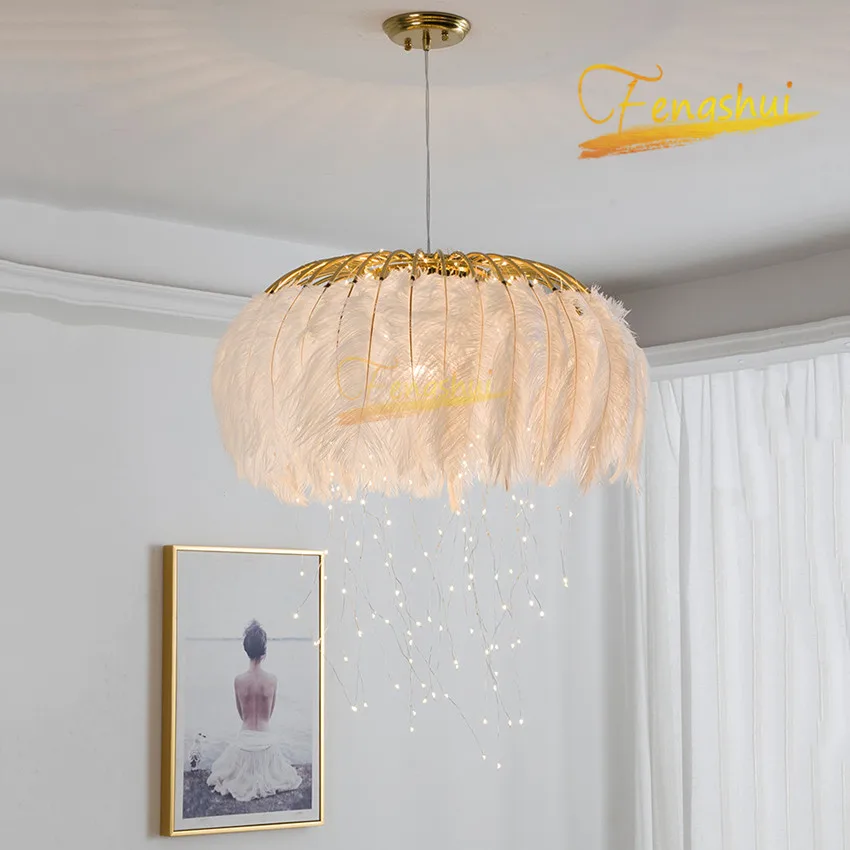 Modern LED Feather Pendant Lamp Lighting Nordic Romantic Warm Firefly Pendant Lights Bedroom Princess Room Hotel Bar Loft Lamps