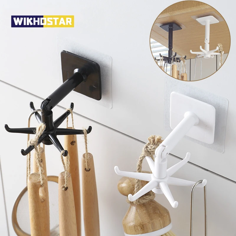 WIKHOSTAR 360 Degrees Rotated Kitchen Hooks Adhesive 6 Hooks Wall Rotatable Rack For Organizer Handbag Clothes Ties Hanging Rack