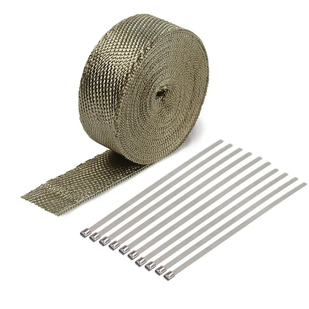 5cm*5M 15M Titanium/Black Exhaust Heat Wrap Roll for Motorcycle Fiberglass Heat Shield Tape with Stainless Ties