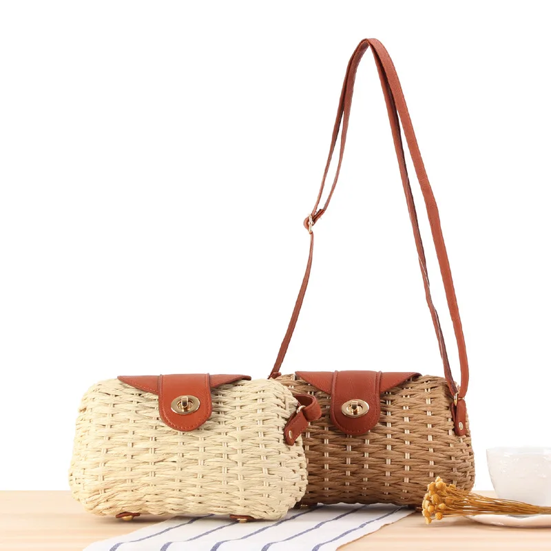 Bolso de paja tejido de estilo Natural para mujer, bolsa de mensajero Simple de 20x14CM, para playa y vacaciones, a7290