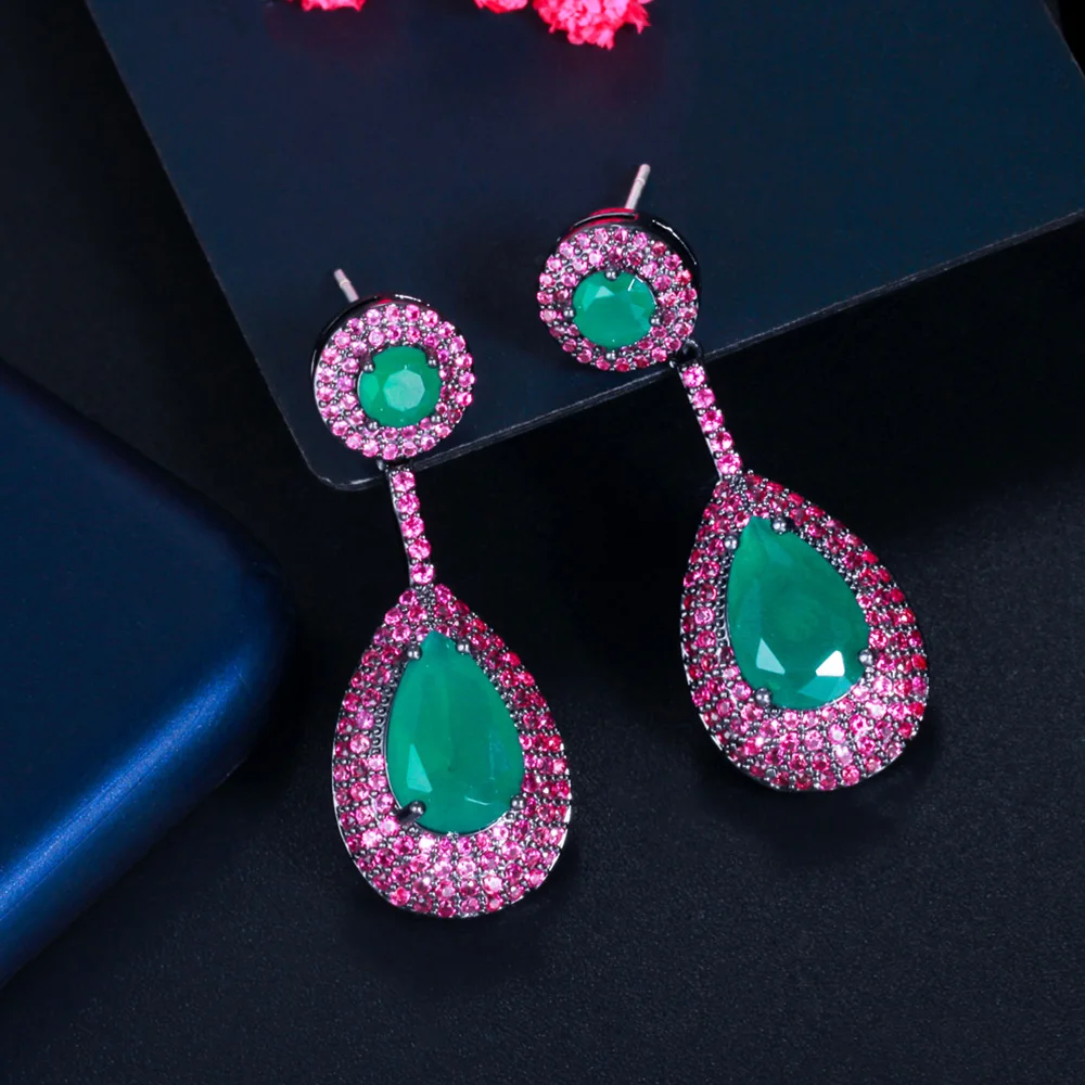 Pera Brazilian Emerald Green Cubic Zirconia Rose Red CZ Long Big Waterdrop Dangle Drop Earrings for Women Fashion Jewelry E722