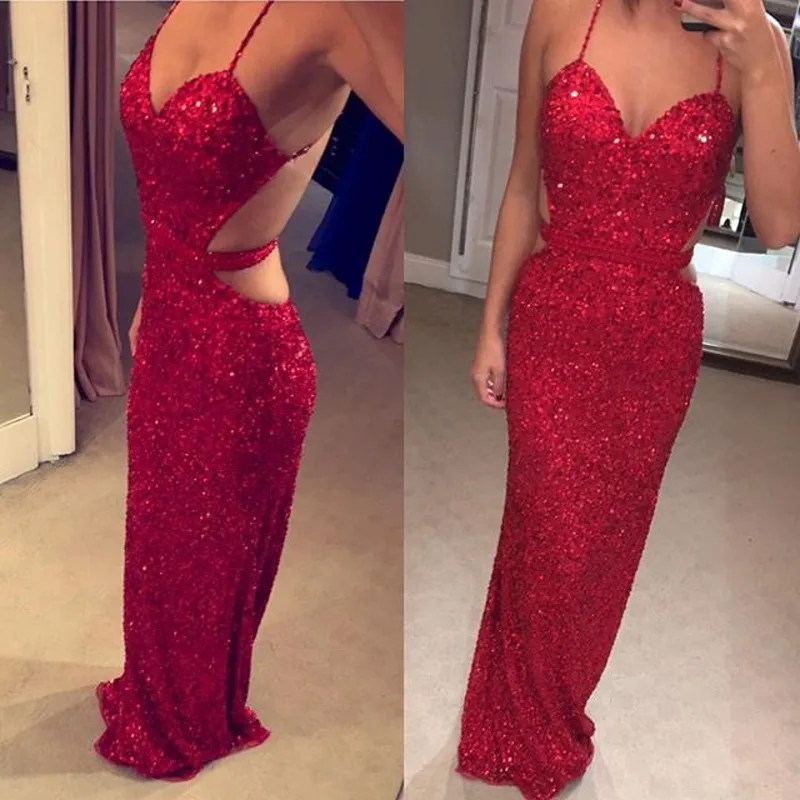 

new Red sequined mermaid prom gown sweeteart sexy spaghetti straps Backless 2018 sequins Formal Gown Party Bridesmaid Dresses