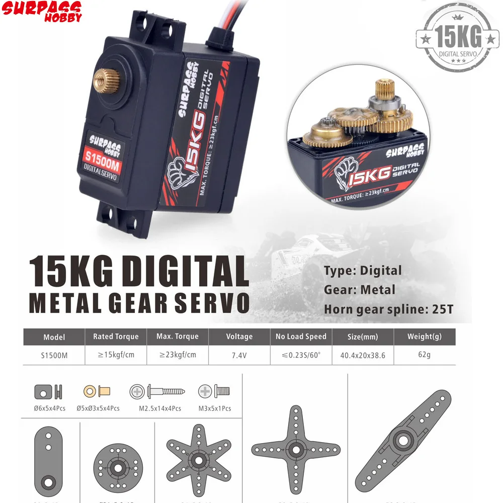 SURPASS Hobby-Servo Digital de engranaje de Metal S1500M, 15KG, para 1/10, 1/8, coche, avión, RC, barco, Robot inteligente