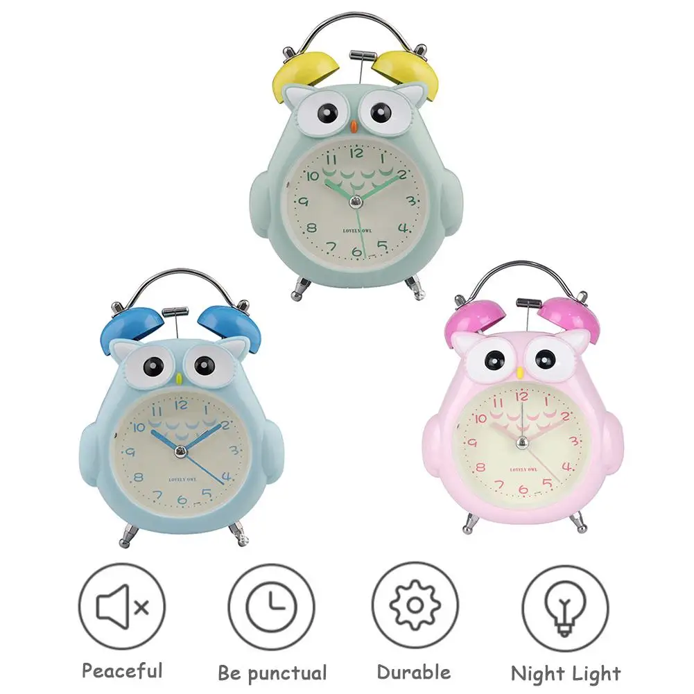 Home Bedroom Alarm Clock Cute Cartoon Owl Student Alarm Clock Bedroom Bedside Clock Metal Bell Clock Without Battery