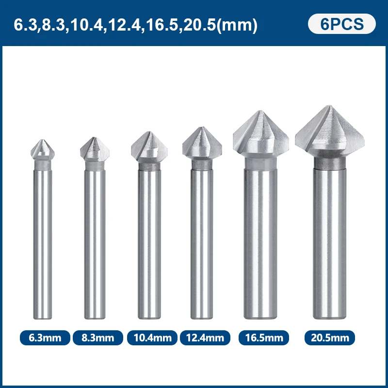 XCAN Drill Bit 3 Flute Chamfer Countersink Drill Bit 6pcs 6.3-20.5mm 90 Degree HSS Chamfering Cutter Wood Metal Hole Drilling