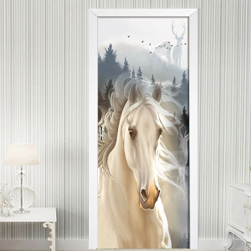 

3D Door Stickers PVC Self-adhesive Waterproof Forest White Horse Wall Stickers Wall Paper Living Room Door Decor Decals Poster