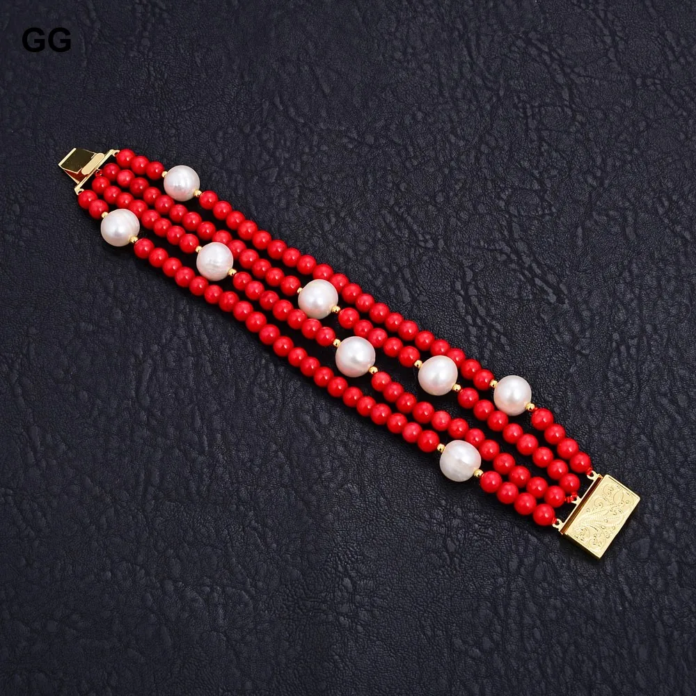 GuaiGuai Jewelry 8\'\' 4 Rows 10mm White Round Pearl 6mm Round Red Coral Bracelet For Women Fashion Jewelry