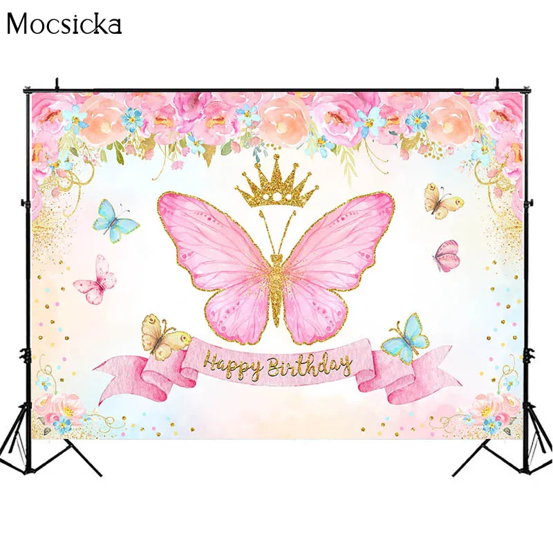 Mocsicka Bướm Hồng Sinh Nhật Phông Nền Cho Bé Gái Kiện Trang Trí Tiệc Thái Họa Tiết Hoa Cho Bé Hình Nền Chụp Ảnh