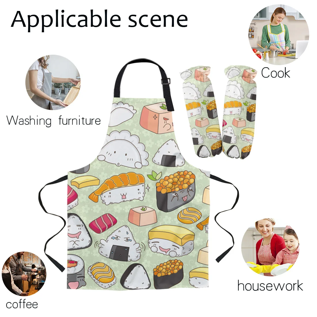 Sushi Cartoon Japanese Culture Delicious Food Apron Oversleeve Oven Gloves Pads Cooking Baking Kitchen Aprons for Women Kids