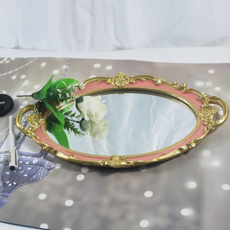 European Mirror Glass Metal Storage Tray Gold Fruit Plate Desktop  Jewelry Display Tray Plate Cosmetic Storage Organizer