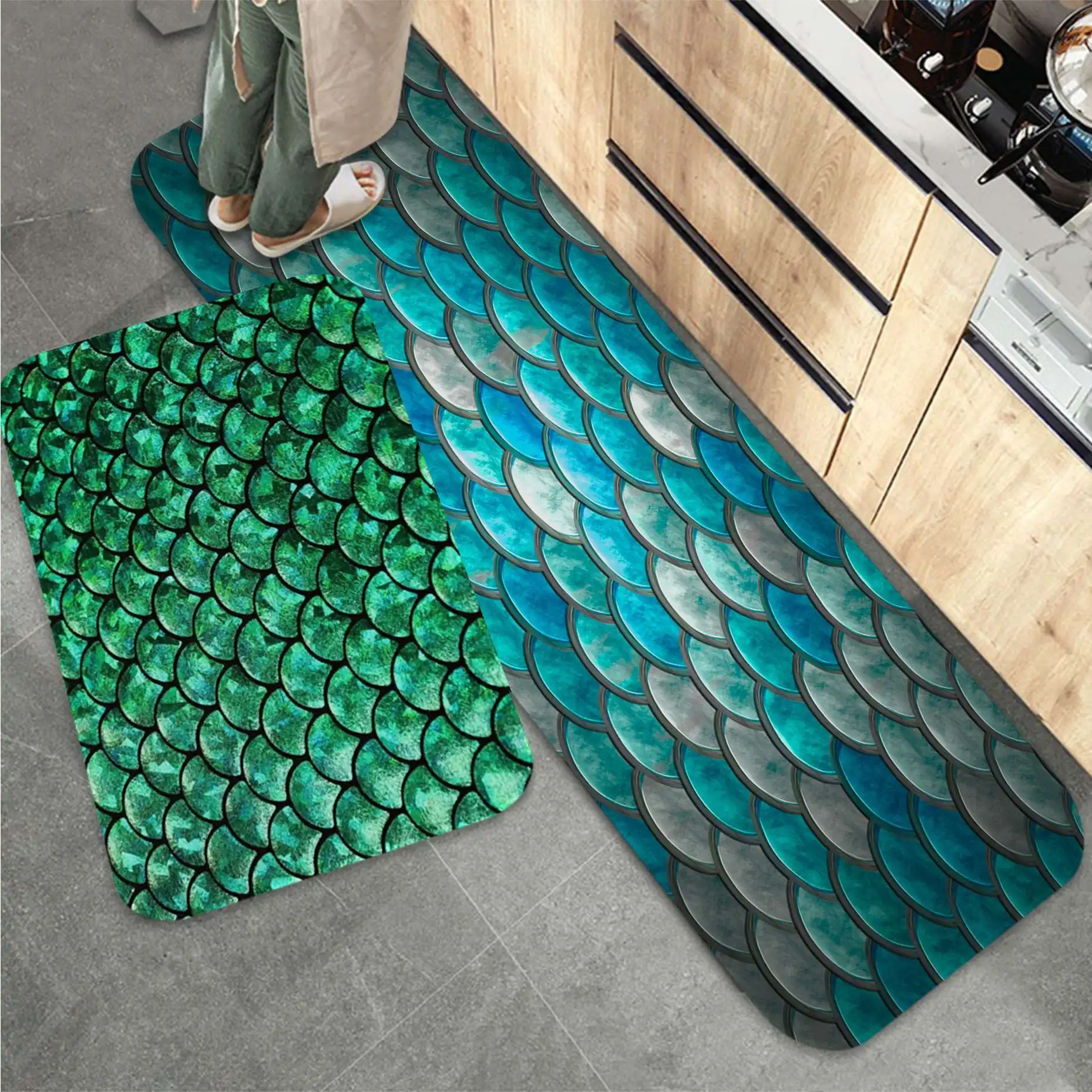 

Glitter Blue Mermaid Fish Scale Printed Flannel Floor Mat Bathroom Decor Carpet Non-Slip For Living Room Kitchen Welcome Doormat