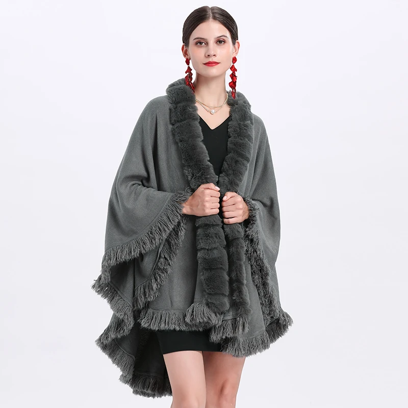 

Romantic Fashion Tassels Wavy Faux Fur Cape Coat Women Loose Slim Style Knit Cardigan Cloak Autumn Winter Wraps Long