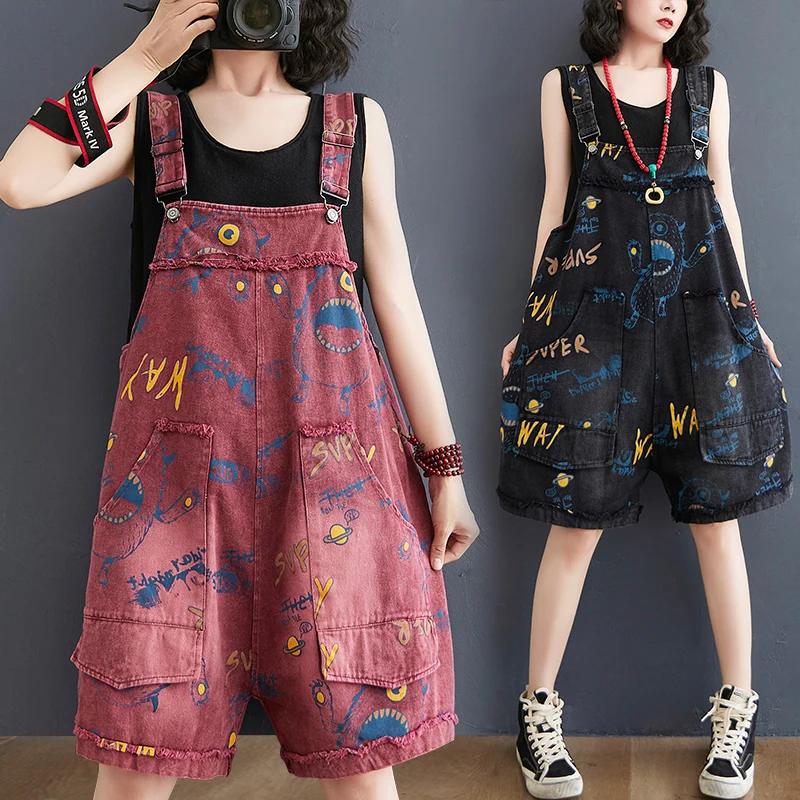 

#1417 Black Red Denim Playsuits Women Loose Wide Leg Vintage Playsuits Ladies Big Pockets Printed Overalls For Women Summer 2023