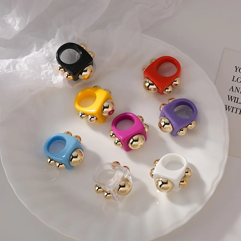 Exaggerated Square Acrylic Ring with Rivet Decor Wide Geometric Finger Rings for Women Korean Popular Trendy Jewelry Wholesale