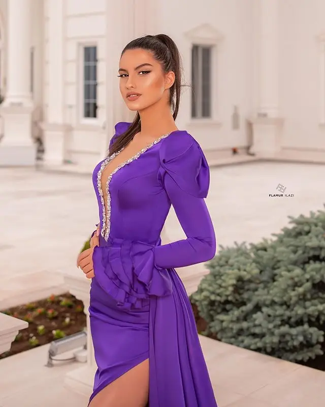 Gothic Purple Evening Dresses Deep V Neck Long Sleeve Mermaid Prom Gowns Thigh Split Satin Formal Party Dress