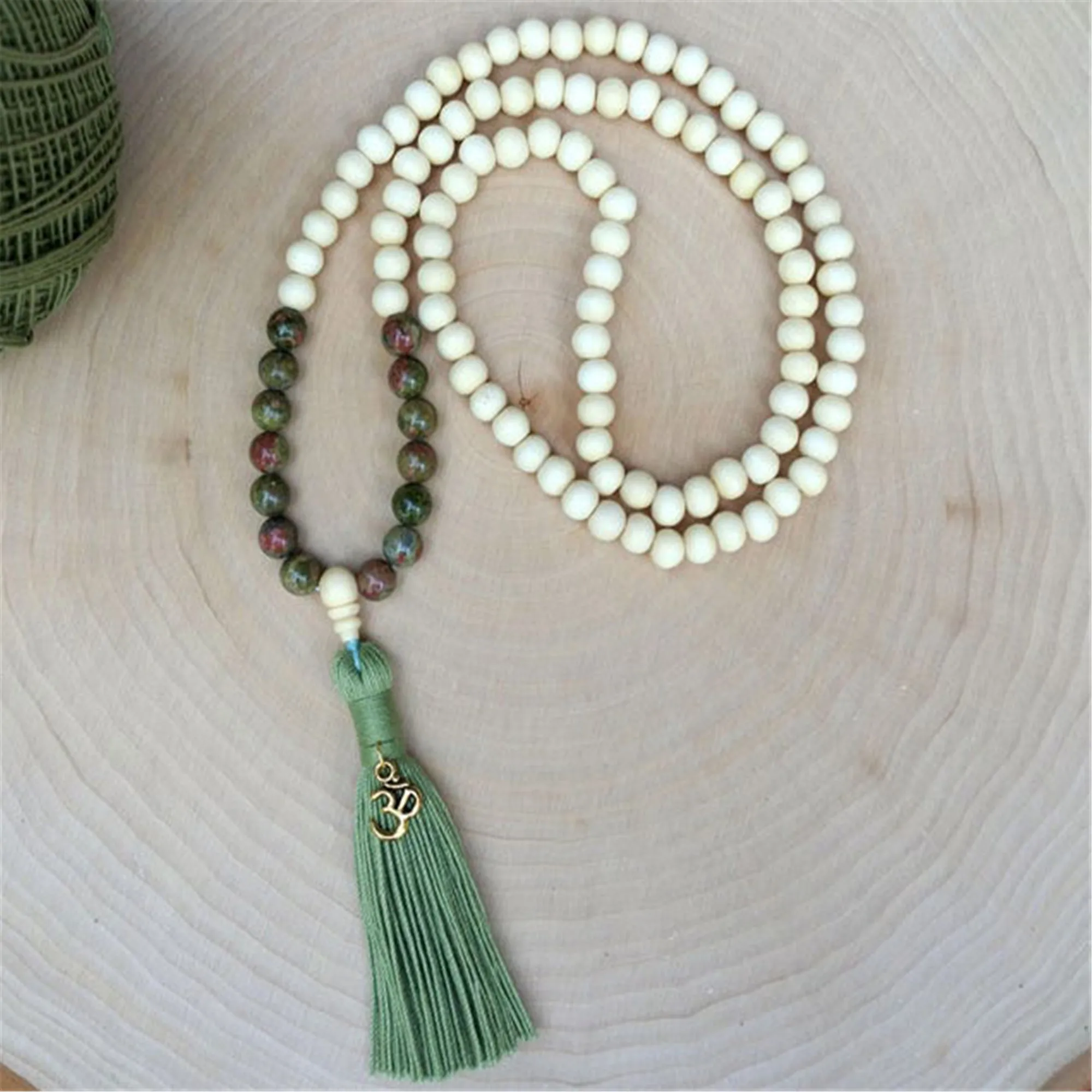 8mm Natural Unakite 108 Beads Handmade Tassel Necklace Chakra Mala Meditation Retro Tibetan Prayer Spirituality Yoga Buddhism