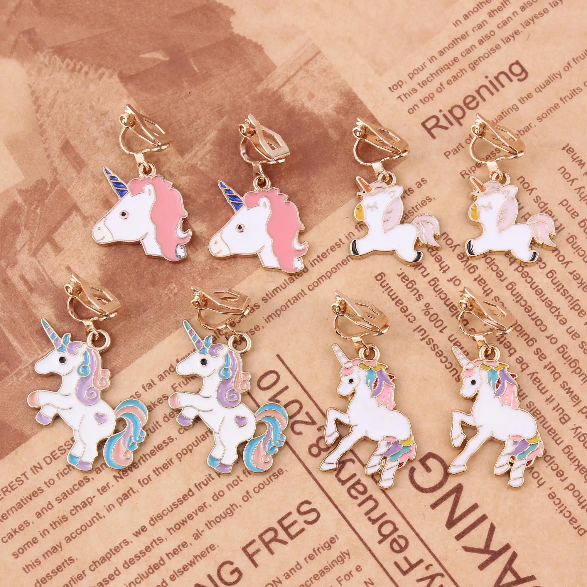 WENHQ  Cartoon Unicorn Clip on Earrings Fashion Cute Ear Clips for Little Girl Students Party Birthday No Pierced Earrings Gift