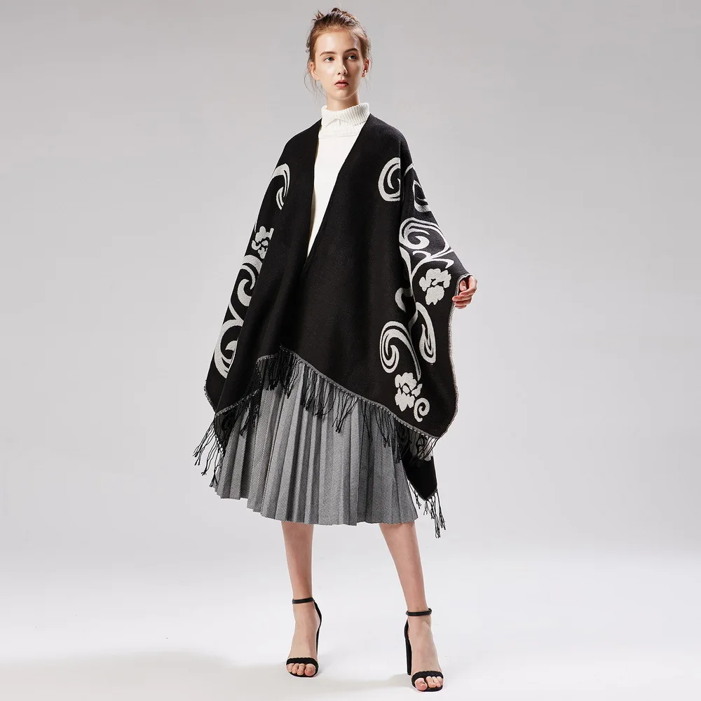 

Brand New fashion women winter shawl and wraps thick warm blanket scarf oversize black ponchos and capes striped tassel echarpe