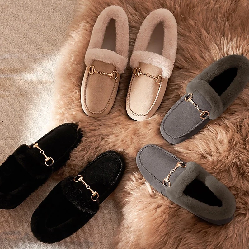 Women Winter Shoes Fluffy Slippers Warm Flat Shoes For Women Casual Loafers Slip On Plush Shoes Moccasins Lady zapato de mujer