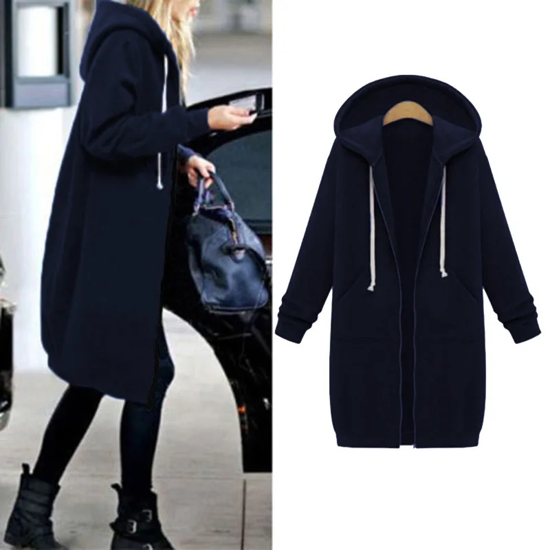 Women\'s Autumn Winter ThickenHoodies Parkas Loose Hooded Jackets Zipper Pocket Maxi Size Sweatshirt Sports Dresses Outwear 2023