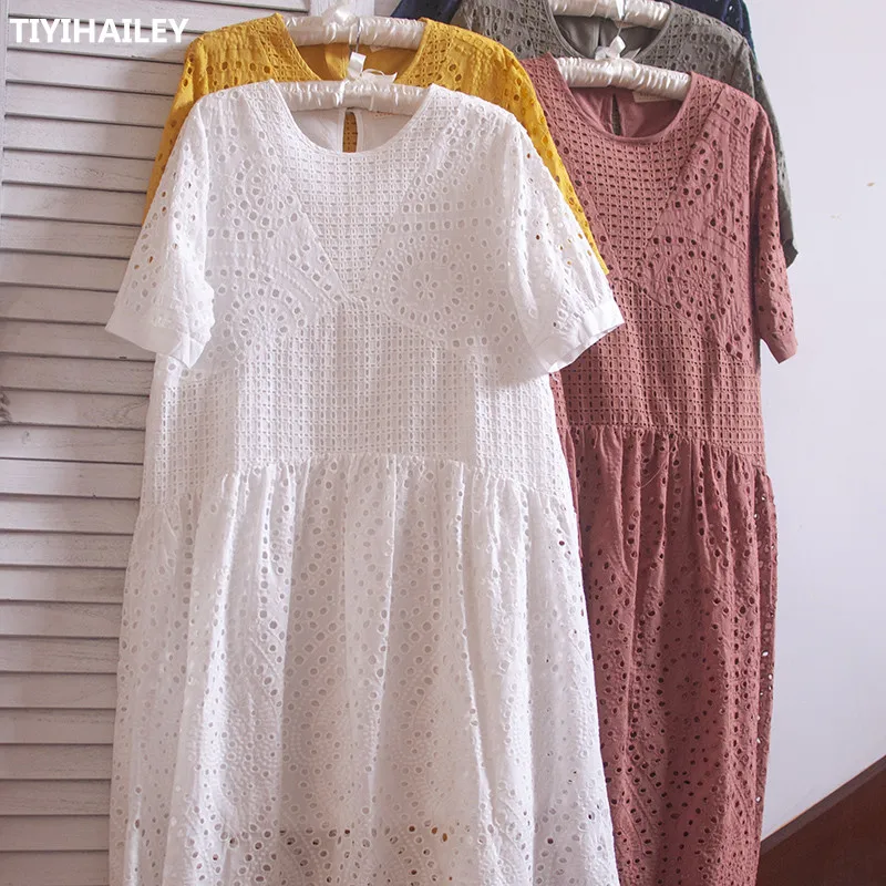 

TIYIHAILEY Free Shipping Fashion Summer Embroidery Short Sleeve 100% Cotton One-piece Long Mid-calf Dresses White Loose Dresses